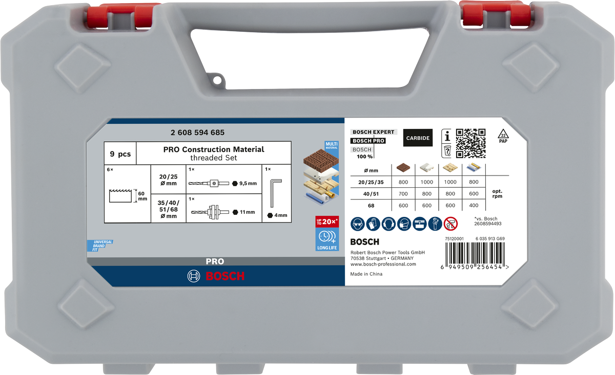 Sada závitových děrových pil Bosch PRO Construction Material, 9dílná.